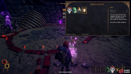 The &lsquo;Spark&rsquo; skill as shown in the quick slot menu. Here you can read about different combinations of skills currently known to you.