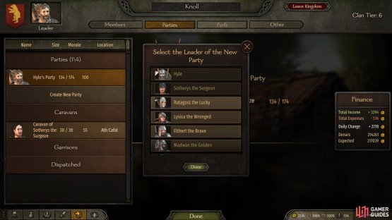 Select the &lsquo;Parties&rsquo; tab in your clan menu to choose a companion that will lead a new party.