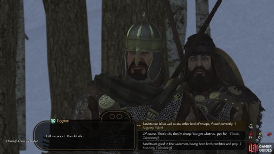 Use your particular attribute and skill strengths to persuade a noble to recruit the mercenaries.