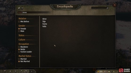 You can search the encyclopedia for a potential marriage partner based on your own preferences with regard to faction and occupation.