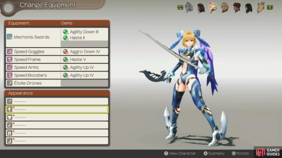 this will give her plenty of Agility and Haste, her best stats.