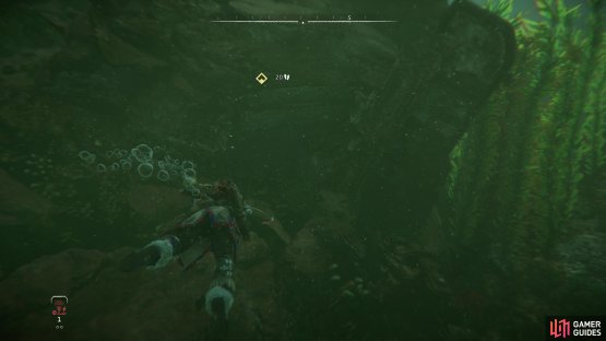 Swim down into a submerged ruin,