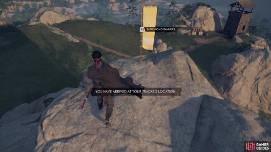The Sashimono Banner is on top of the large rock formation south of the watchtower
