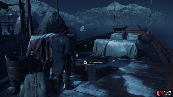then go down the hill on the left to find this Artefact on a crate in the boat. 