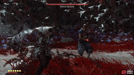 Dodge his attack when you see the red marker