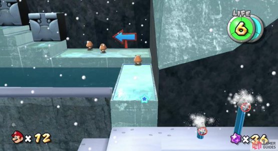 Follow the arrows to lead you to Baron Brrr. The water spouts will direct you to a Hidden Power Star