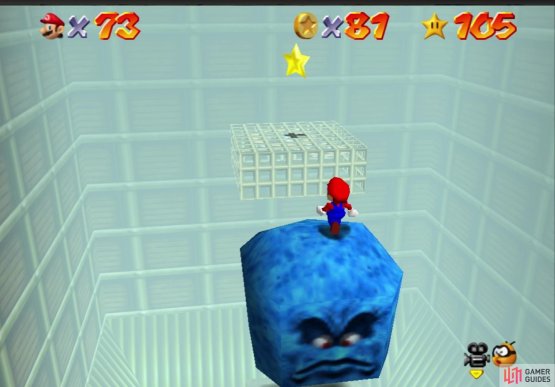 You have to stand on the Thwomp to reach the star
