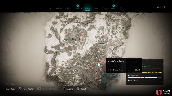 The location of Ymir&rsquo;s Altar within Jotunheim, in the southeast of the region.