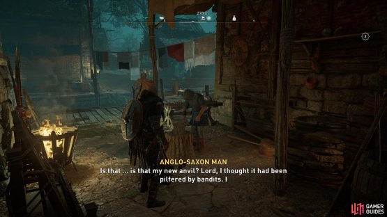 When you reach the blacksmith, place the anvil on the ground in front of him to confirm delivery.