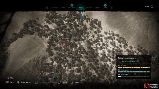 The location of the cave in Aelfwood, where you&rsquo;ll find the chest.