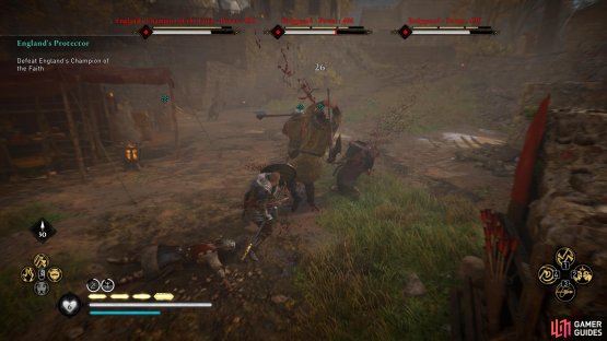 Be careful to avoid the chain attacks from the Champion and her bodyguards. When combined, these can inflict massive damage.