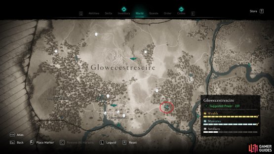 The location of the cursed area in the southeast of Glowecestrescire.