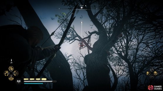 Shoot the symbol hanging from the tree to lift the curse.