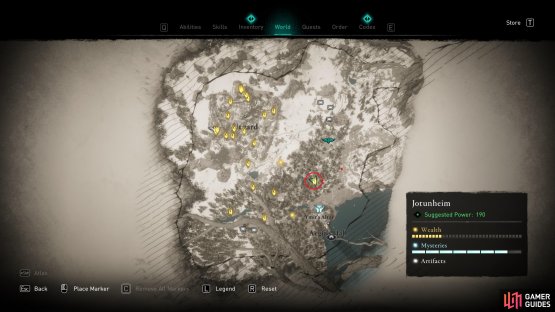 The location of Ymir&rsquo;s Blood Stone 10, southwest of Skrymir&rsquo;s Mitten.