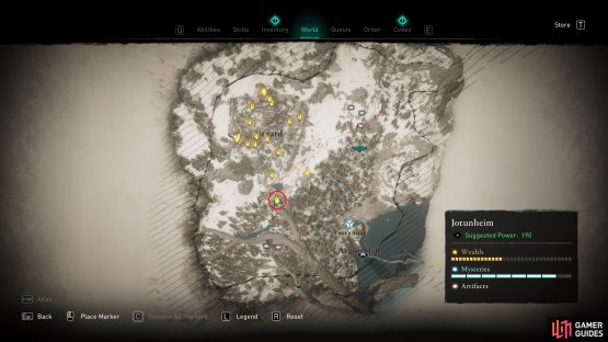 The location of Ymir&rsquo;s Blood Stone 15, immediately southwest of Thrym&rsquo;s House.