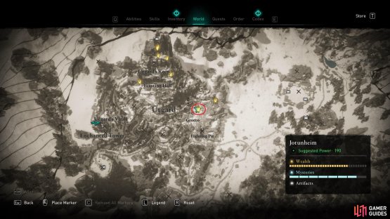The location of Ymir&rsquo;s Blood Stone 26, within the Fighting Pit in eastern Utgard.