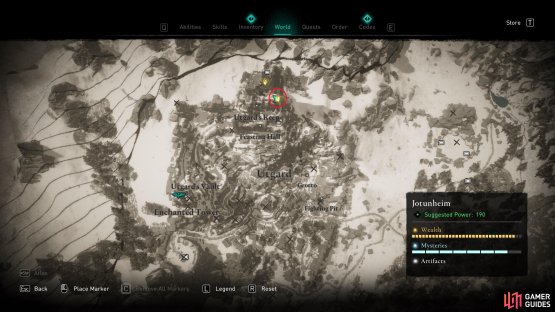 The location of Ymir&rsquo;s Blood Stone 32, behind an ice wall within Utgard&rsquo;s Keep.