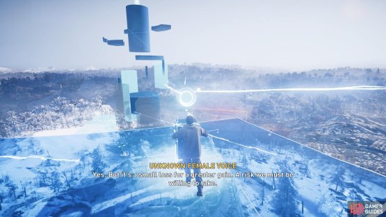 The last reflector on the higher platform should be used to direct the light to the unstable structure in the distance.