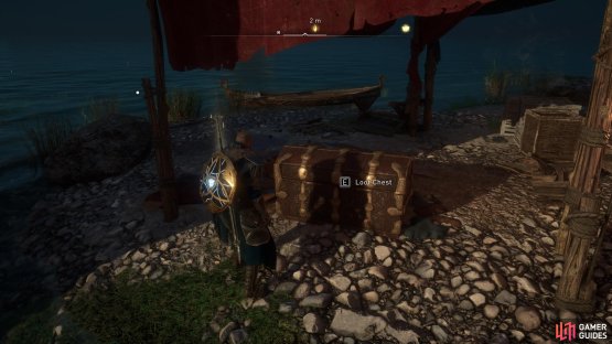 You&rsquo;ll find the chest in a small camp by the shore.