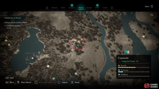 The location of Kiltober, northeast of the ritual site on the hill where you found the clue.