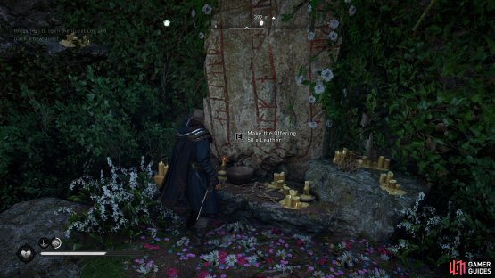 Once you have all 50 leather, interact with the altar to make the offering.