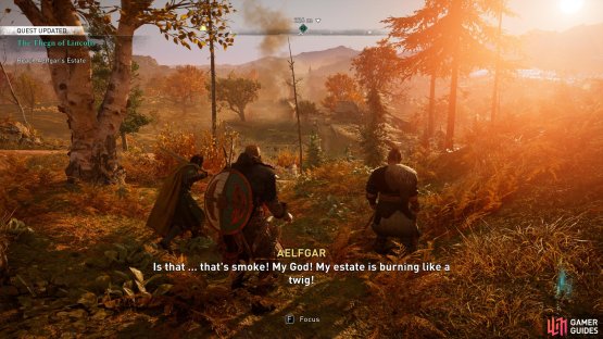 When you exit the cave, run to Aelfgar&rsquo;s estate to confront the attackers.