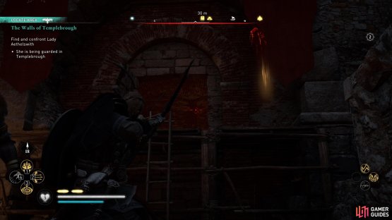 Shoot the link through the opening to send rocks crushing down, killing at least four guards.