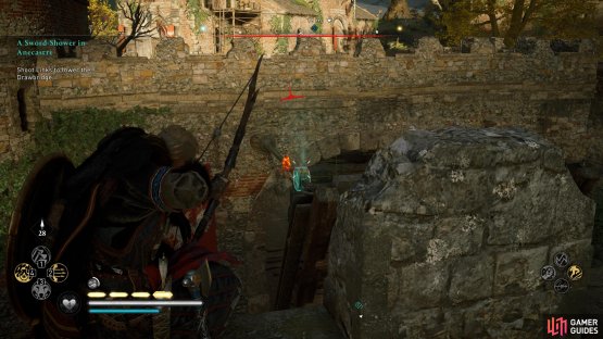 Once you&rsquo;re on the walls, shoot the links either side of the drawbridge to lower it.