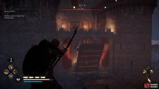 Shoot the left link from the rocks far to the left of the drawbridge.