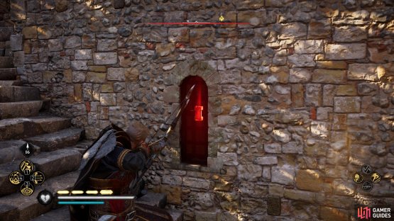 Shoot the lock on the eastern side of the building to enter the room with the chest.