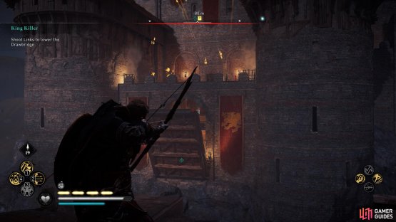 Shoot the right link from the wooden platform far to the right of the drawbridge.