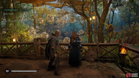 Speak with Thyra on the bridge north of the festival grounds to begin Twirling Targets.