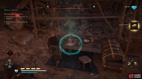 Loot the chest for the carbon ingots and read the note for information on Gorm.