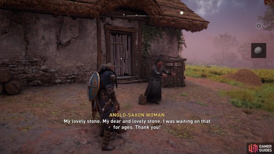Place the stone slab in front of the woman at the farm to confirm the delivery and receive your cut of silver.