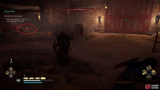 To destroy the second gate, take a fire pot from the left of it and throw it at the gate to destroy it.