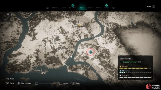 The location of the ruins where the treasure can be found, east of Petuaria Ruins.