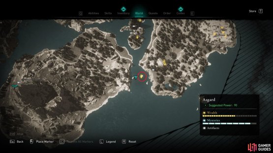 The location of the Ymir&rsquo;s Tear Stone beneath the water southwest of the Well of Urdr.