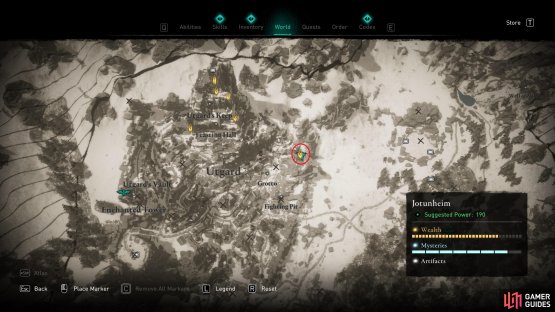 The location of Ymir&rsquo;s Blood Stone 27, in the northeasternmost part of Utgard.