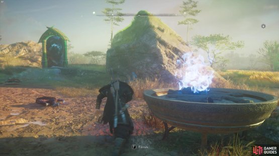 and change the flame in front of the female statues blue.