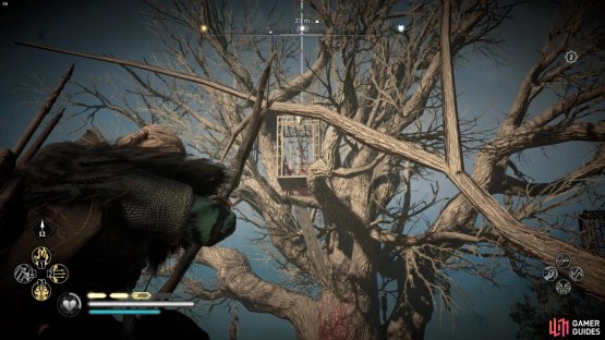 When you&rsquo;re at the end of the line of trees, use your bow to shoot down the cursed symbol.