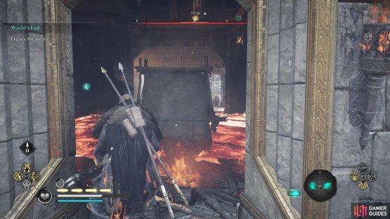 locate the lava covered house and move the rock beneath the ladder to get to the platform above.