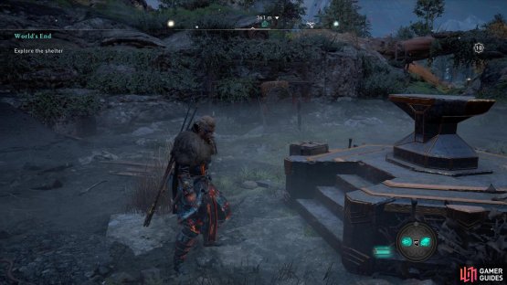 Find the anvil at the center of the pit and interact with it