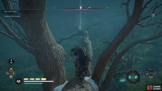 climb up to the tree and head over to the end of the branch.