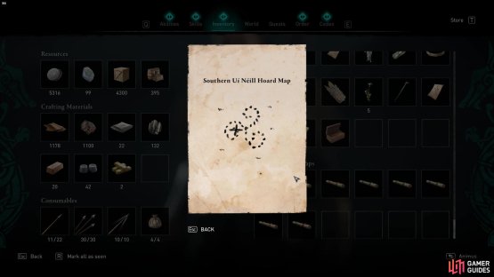 The treasure hoard can be found at the stone spiral design 