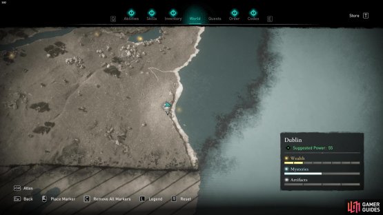 The treasure hoard map is found on the east coast, south of the city
