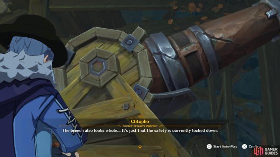 After the Treasure Hoarders have been dealt with, interact with the large cannon in the camp for a cutscene.