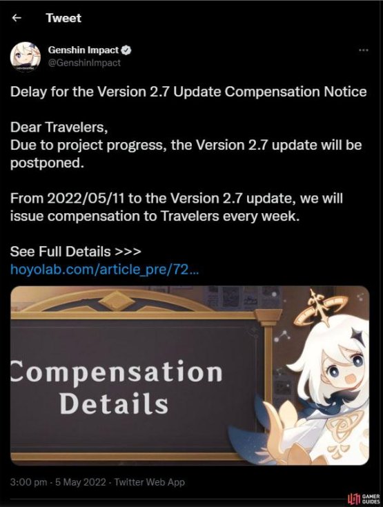 The Compensation news was posted on Mihoyo&rsquo;s official twitter