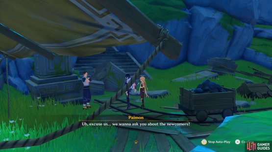 After reading the records, speak to Iron Shoulder who is standing by the stone pillar.