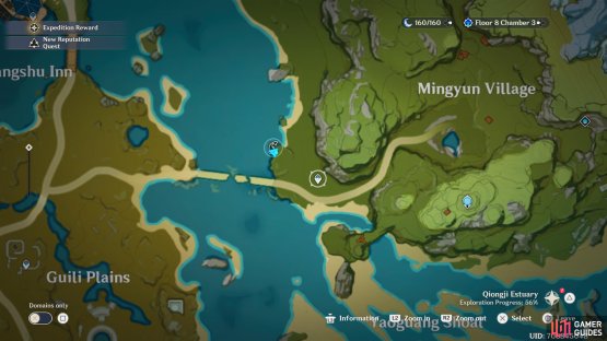 The first Fishing Point for the challenge can be found north of the broken bridge, west of Mingyun Village.