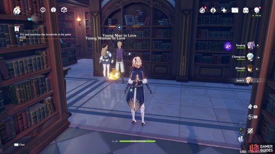 Speak with the three couples in the library and attempt to quieten them down